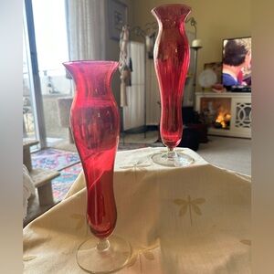 Pair of Vintage Cranberry Glass Clear Pedestal / Footed Tulip Vases.